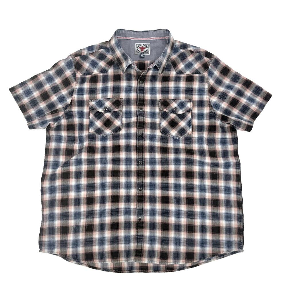 Flag & Anthem XXL 100% Cotton Plaid Pearl Snap Up Short Sleeve Shirt Western